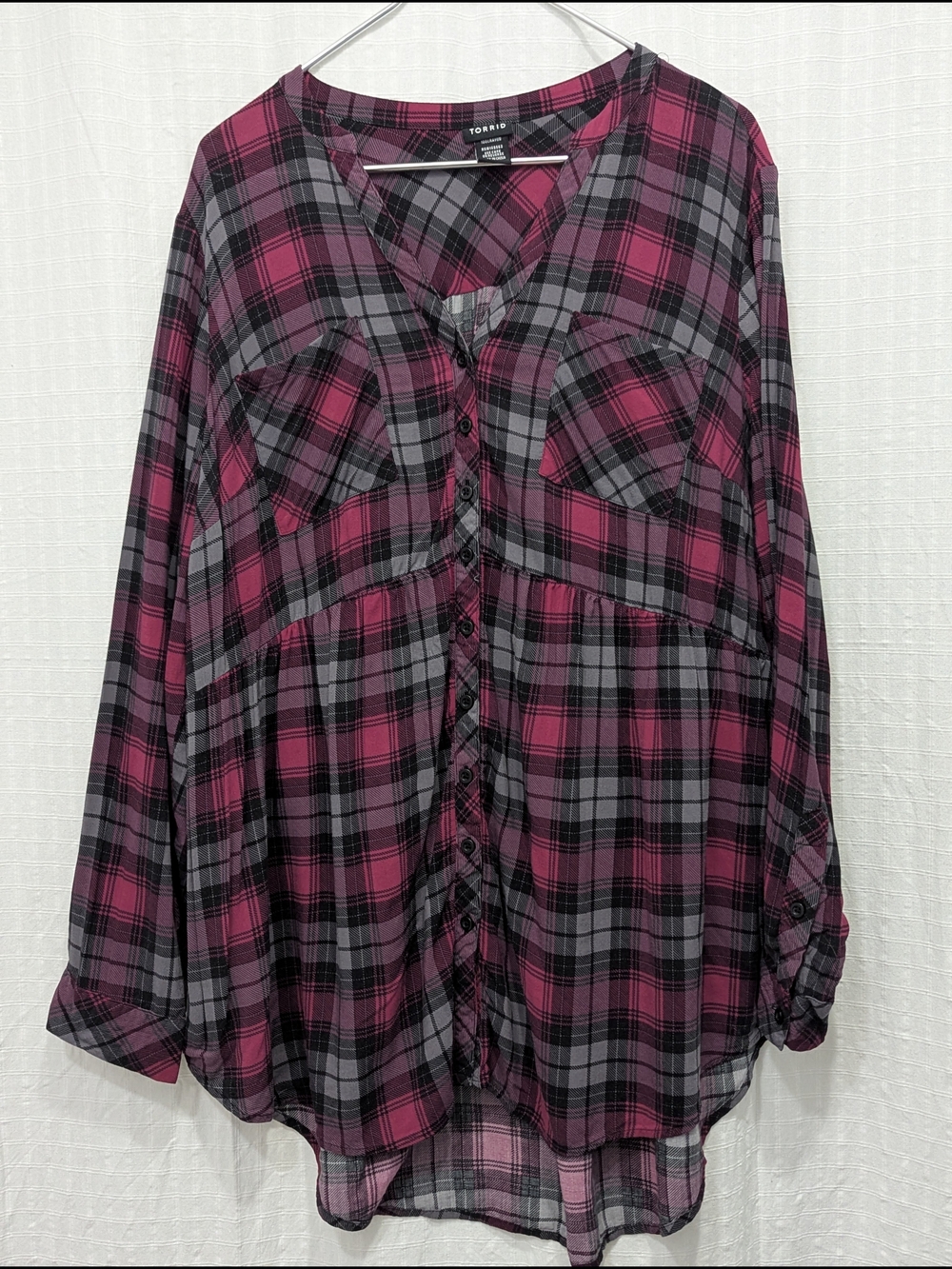 torrid Pink and Gray Plaid Button-Front Tunic Shirt Hi Low Hem Size 2